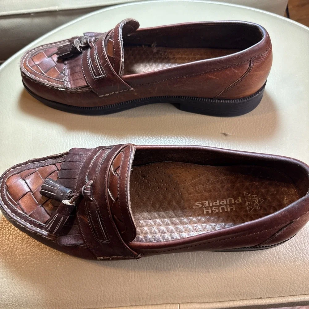 Vintage 90s Brown Hush‎ Puppies Lancer Woven Leather Tassel Loafers 11